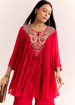 Red Chinon Flared Kurta Sharara With Thread Work