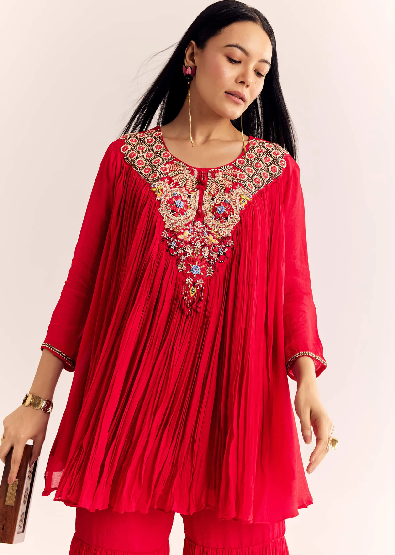 Red Chinon Flared Kurta Sharara With Thread Work