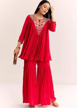 Red Chinon Flared Kurta Sharara With Thread Work