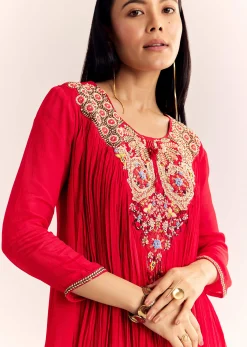 Red Chinon Flared Kurta Sharara With Thread Work