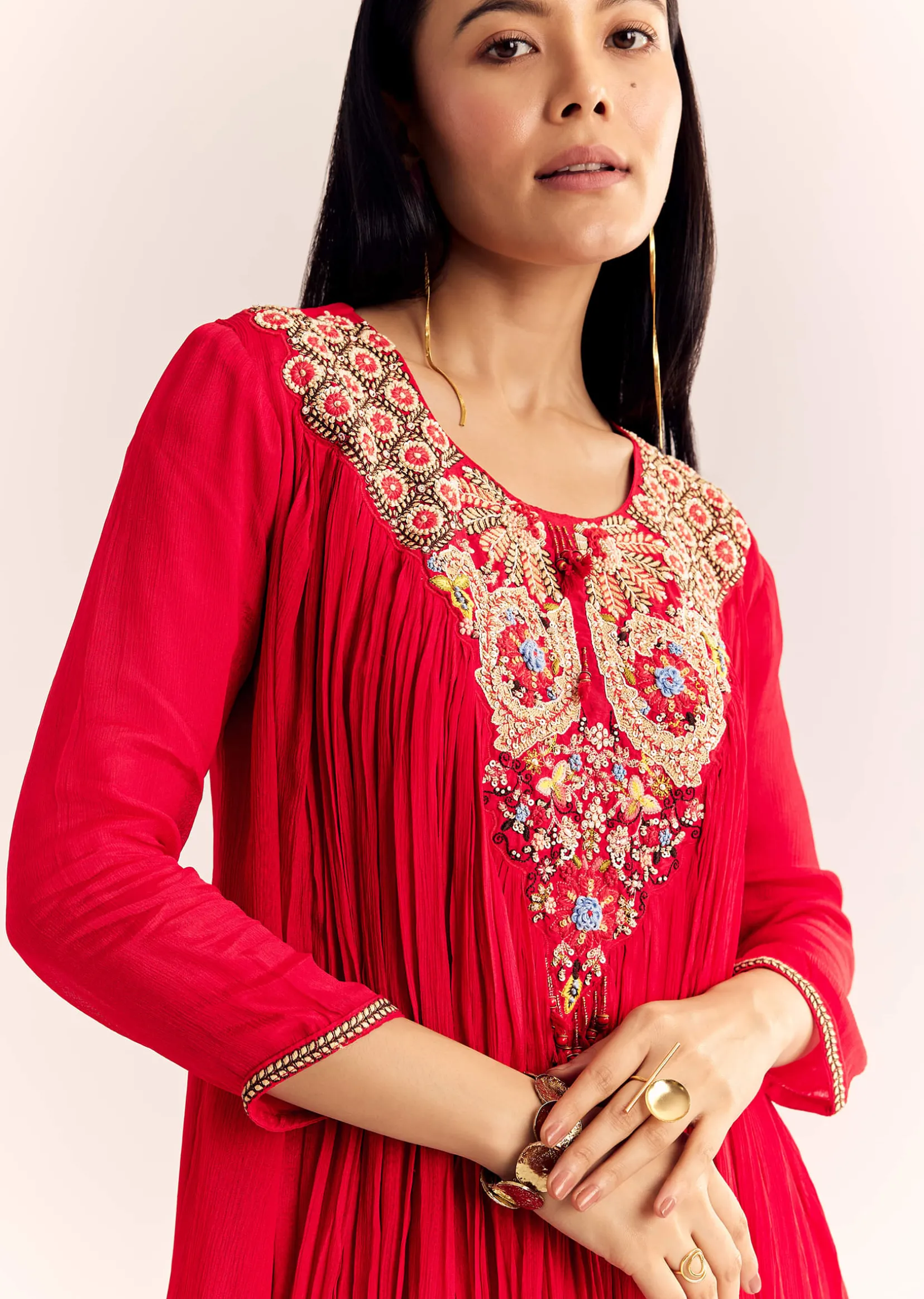 Red Chinon Flared Kurta Sharara With Thread Work
