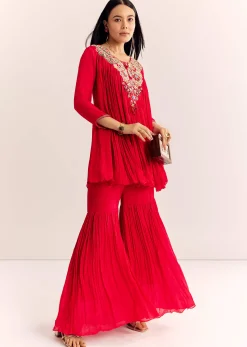 Red Chinon Flared Kurta Sharara With Thread Work
