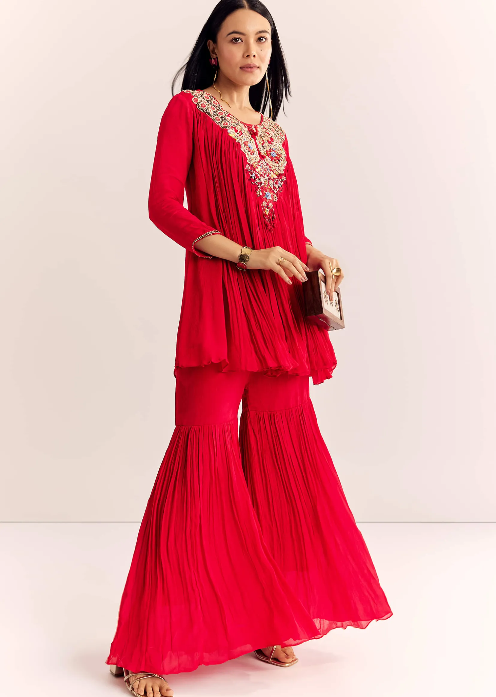Red Chinon Flared Kurta Sharara With Thread Work