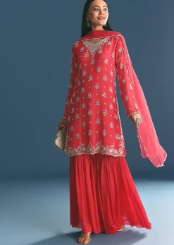 Red Chinon Kurta Sharara Suit With Moti And Cutdana Work
