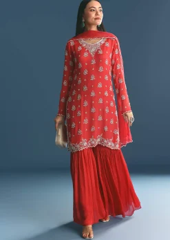 Red Chinon Kurta Sharara Suit With Moti And Cutdana Work