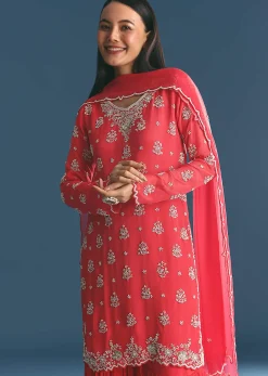 Red Chinon Kurta Sharara Suit With Moti And Cutdana Work