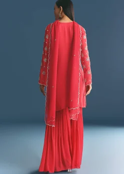 Red Chinon Kurta Sharara Suit With Moti And Cutdana Work