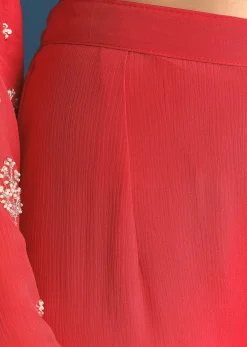 Red Chinon Kurta Sharara Suit With Moti And Cutdana Work