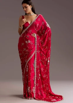 Red Chinon Saree With Floral Cutdana Sequins Jaal And Scallop Border