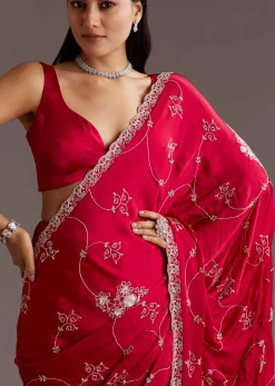 Red Chinon Saree With Floral Cutdana Sequins Jaal And Scallop Border