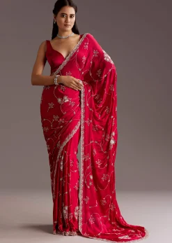 Red Chinon Saree With Floral Cutdana Sequins Jaal And Scallop Border
