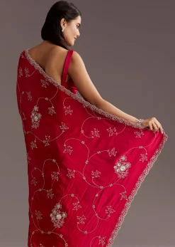 Red Chinon Saree With Floral Cutdana Sequins Jaal And Scallop Border