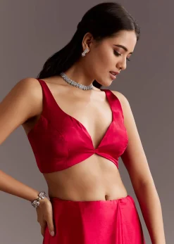 Red Chinon Saree With Floral Cutdana Sequins Jaal And Scallop Border
