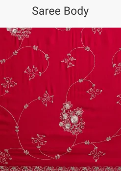 Red Chinon Saree With Floral Cutdana Sequins Jaal And Scallop Border