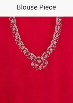 Red Chinon Saree With Floral Cutdana Sequins Jaal And Scallop Border