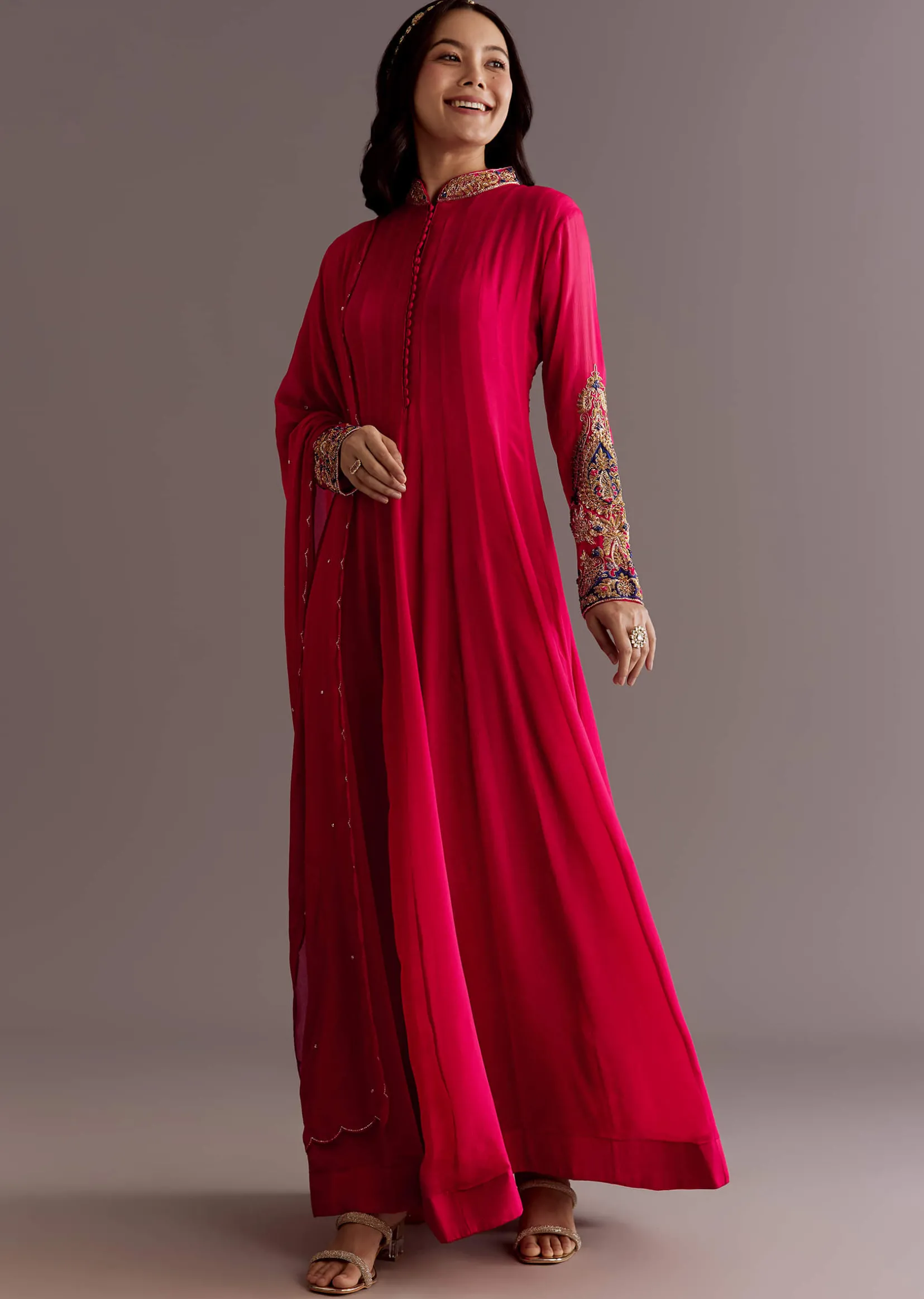 Red Chinon Zardosi Anarkali Suit With Cutdana Dupatta