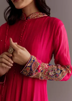 Red Chinon Zardosi Anarkali Suit With Cutdana Dupatta