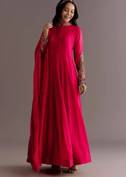 Red Chinon Zardosi Anarkali Suit With Cutdana Dupatta