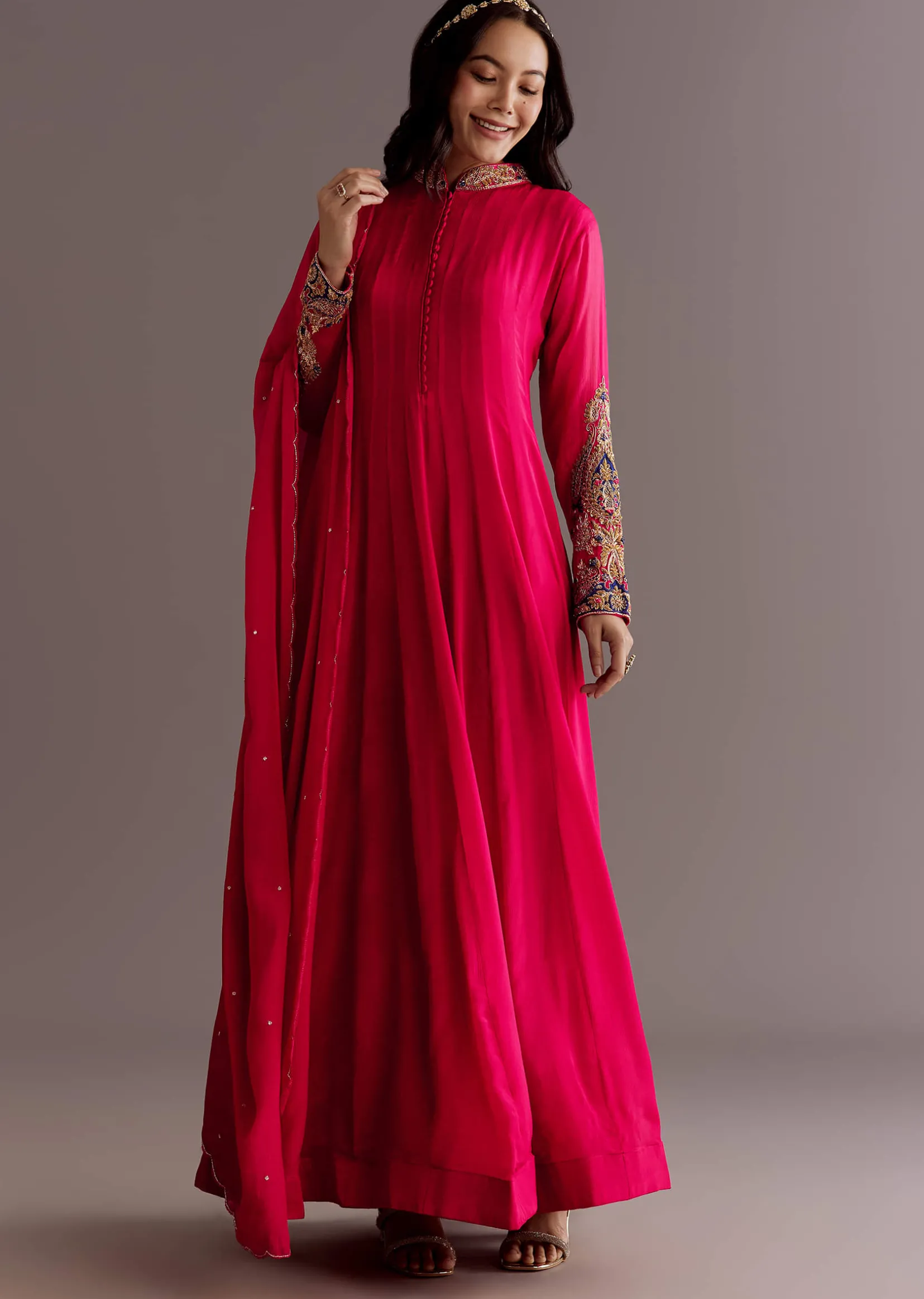 Red Chinon Zardosi Anarkali Suit With Cutdana Dupatta