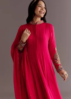 Red Chinon Zardosi Anarkali Suit With Cutdana Dupatta