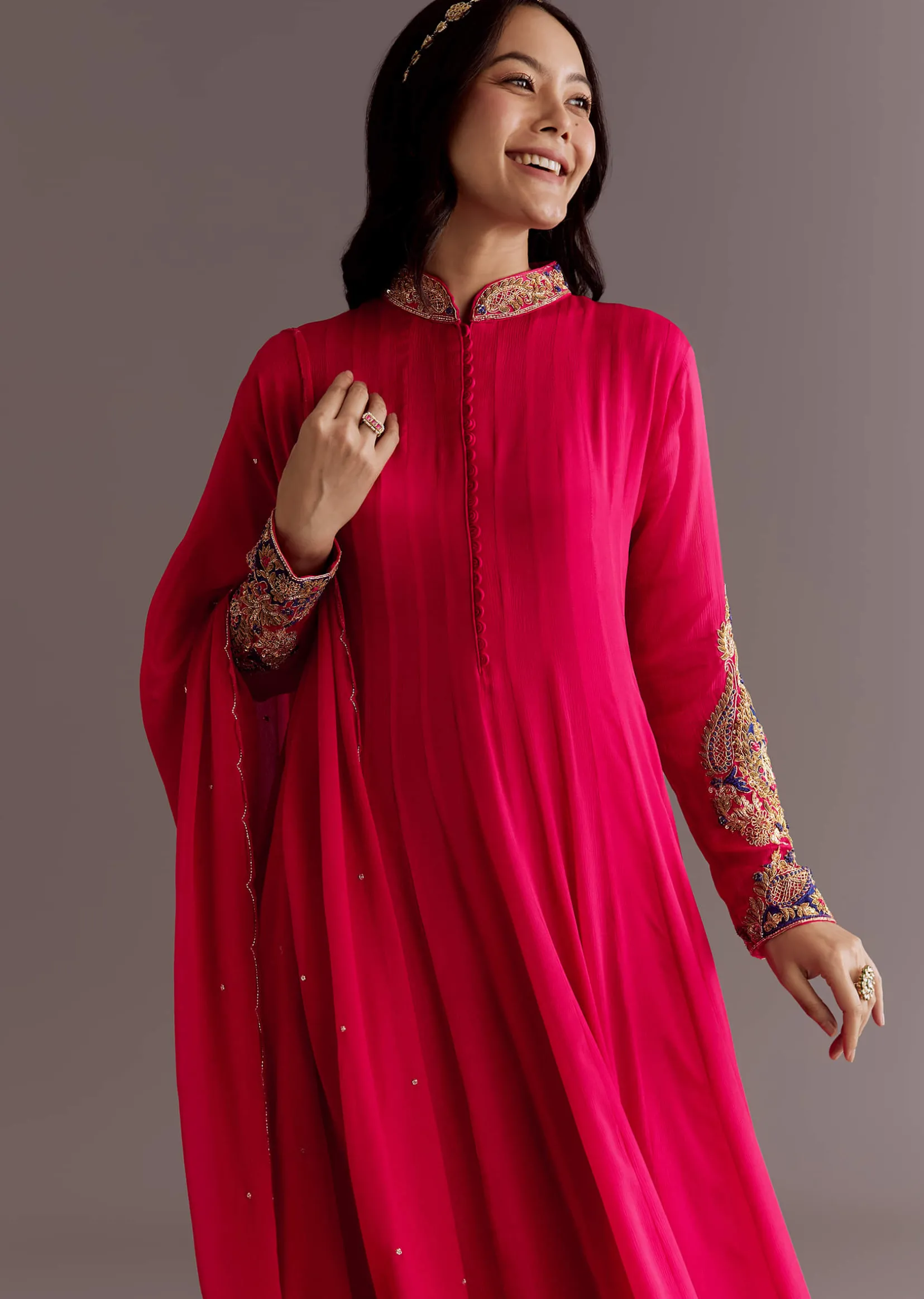 Red Chinon Zardosi Anarkali Suit With Cutdana Dupatta