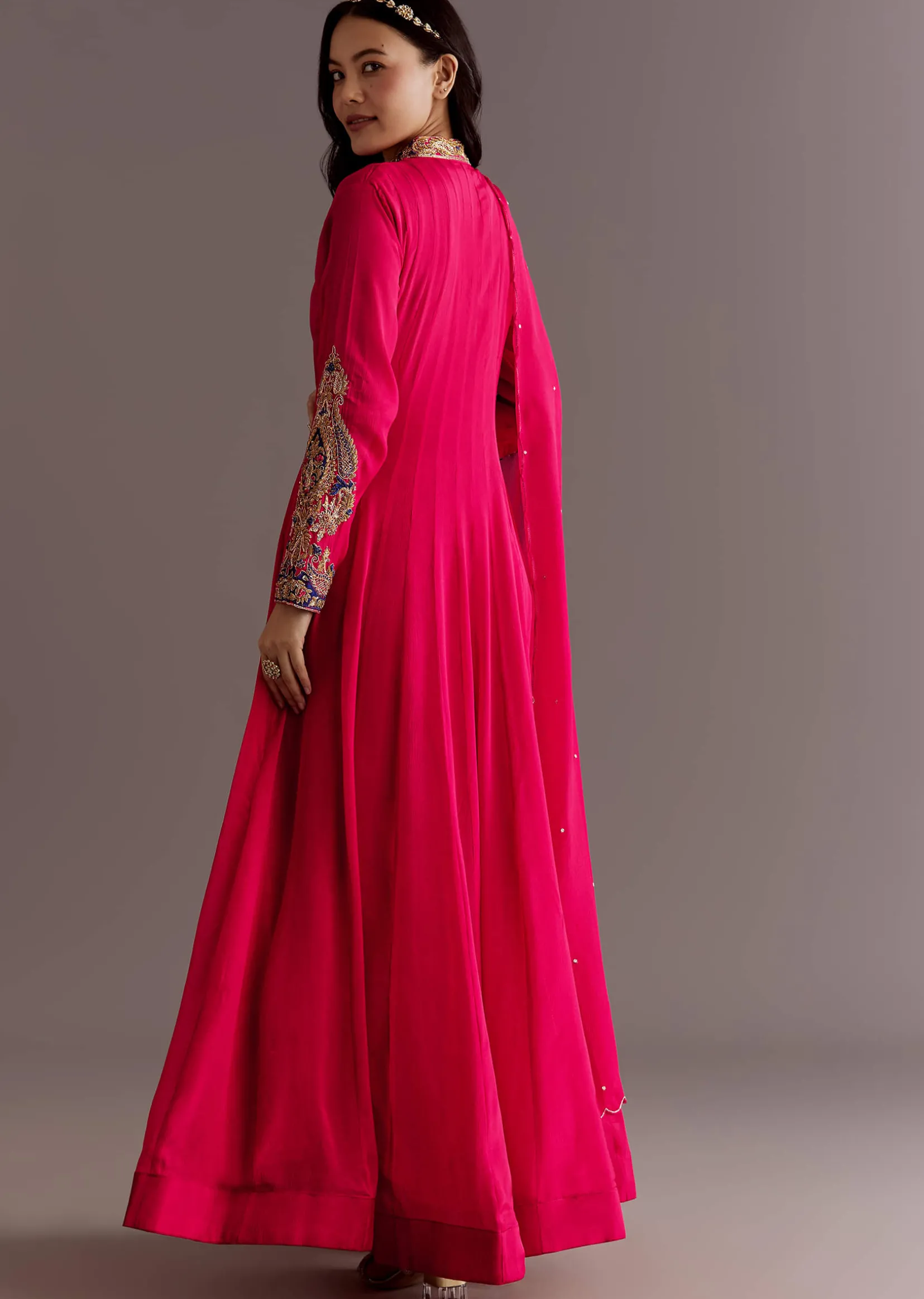 Red Chinon Zardosi Anarkali Suit With Cutdana Dupatta