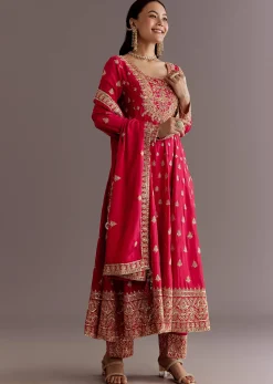 Red Chinon Zari Sequin Anarkali Suit With Dupatta