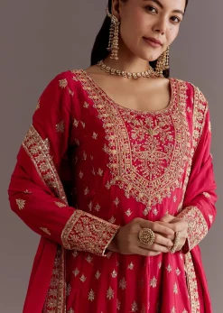 Red Chinon Zari Sequin Anarkali Suit With Dupatta