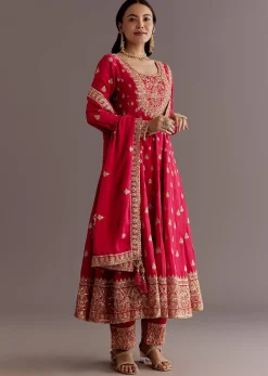 Red Chinon Zari Sequin Anarkali Suit With Dupatta