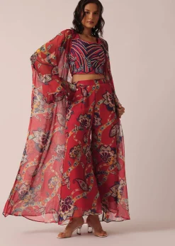 Red Cotton Jacket And Palazzo Set With Printed Detail