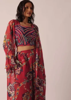Red Cotton Jacket And Palazzo Set With Printed Detail
