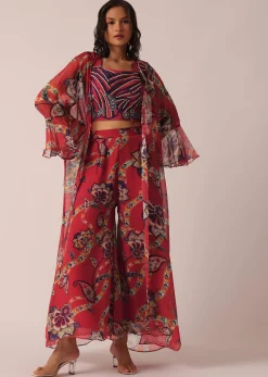 Red Cotton Jacket And Palazzo Set With Printed Detail