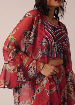 Red Cotton Jacket And Palazzo Set With Printed Detail