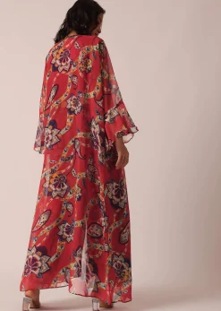 Red Cotton Jacket And Palazzo Set With Printed Detail