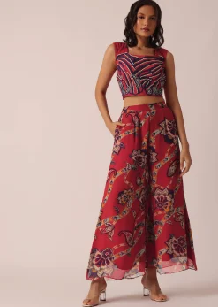 Red Cotton Jacket And Palazzo Set With Printed Detail