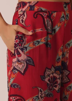 Red Cotton Jacket And Palazzo Set With Printed Detail
