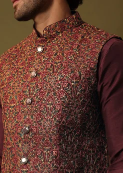Red Cotton Kurta Jacket Set With Resham Work For Men