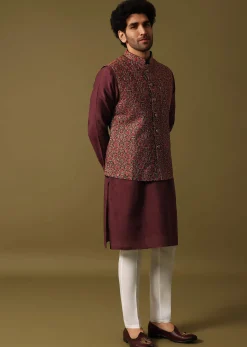 Red Cotton Kurta Jacket Set With Resham Work For Men