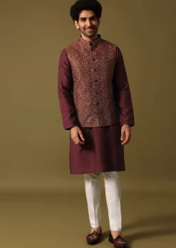Red Cotton Kurta Jacket Set With Resham Work For Men