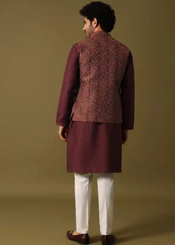 Red Cotton Kurta Jacket Set With Resham Work For Men