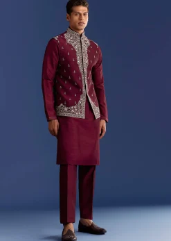 Red Cotton Silk Kurta Jacket Set With Mirror And Thread Work