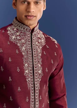 Red Cotton Silk Kurta Jacket Set With Mirror And Thread Work