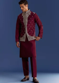 Red Cotton Silk Kurta Jacket Set With Mirror And Thread Work