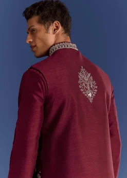 Red Cotton Silk Kurta Jacket Set With Mirror And Thread Work