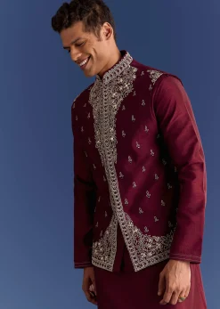 Red Cotton Silk Kurta Jacket Set With Mirror And Thread Work