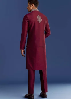 Red Cotton Silk Kurta Jacket Set With Mirror And Thread Work