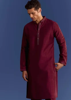 Red Cotton Silk Kurta Jacket Set With Mirror And Thread Work
