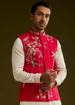 Red Cotton Silk Kurta Set With Nature Motif Jacket