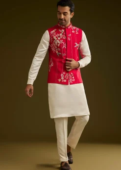 Red Cotton Silk Kurta Set With Nature Motif Jacket