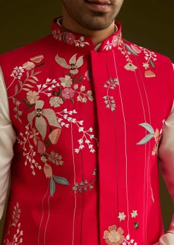 Red Cotton Silk Kurta Set With Nature Motif Jacket